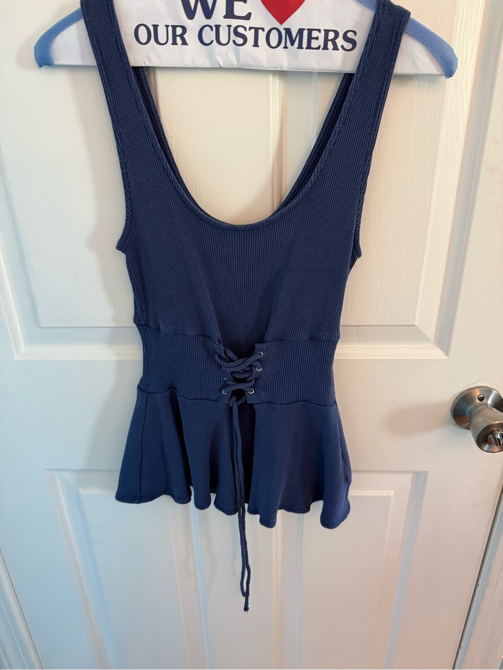 Express Navy Ribbed Lace-Up Peplum Tank Top